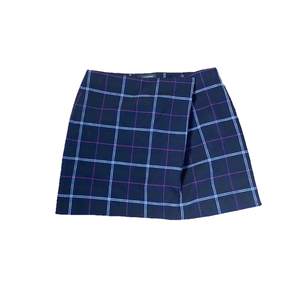 Banana Republic Plaid Mini Skirt Sz 10 Foldover Front Navy Classic Chic